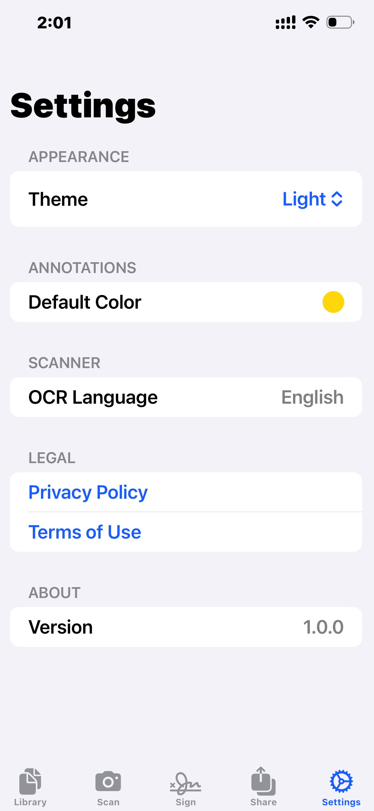Settings screen showing theme and preference options